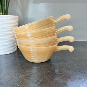 Fire King Oven Ware Peach Luster Bee Hive Soup Chili Bowls Handles USA Set of 4